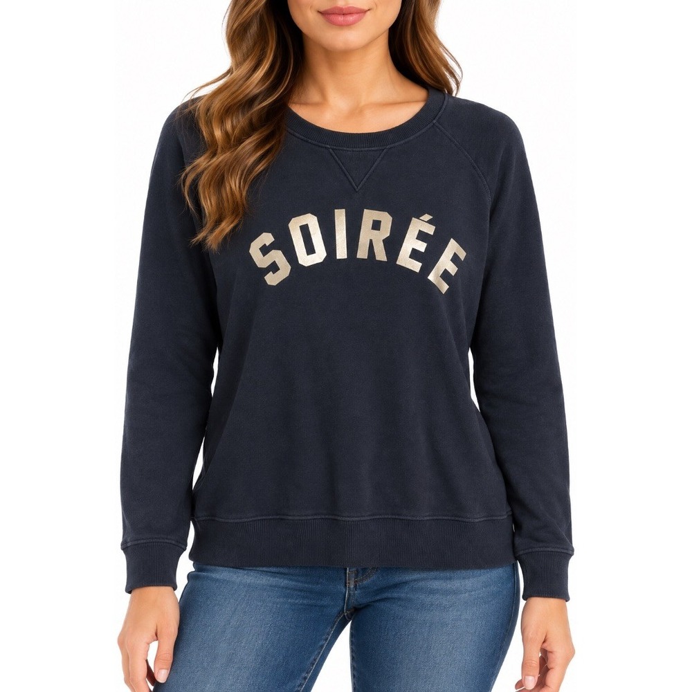 MOTHER Womens Soiree Navy Blue Gold Foil Graphic Crewneck Sweatshirt S